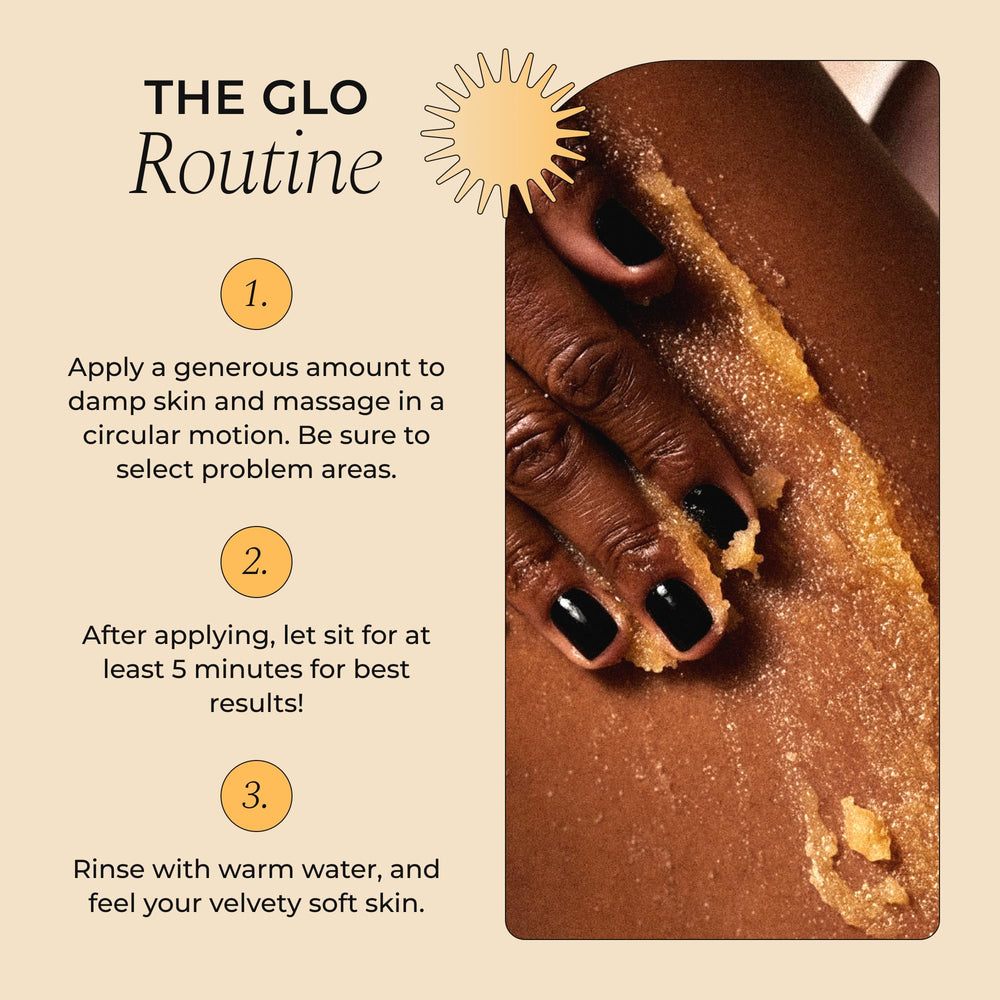 Glo Melanin exfoliante junto a toallas en ambiente de baño relajante