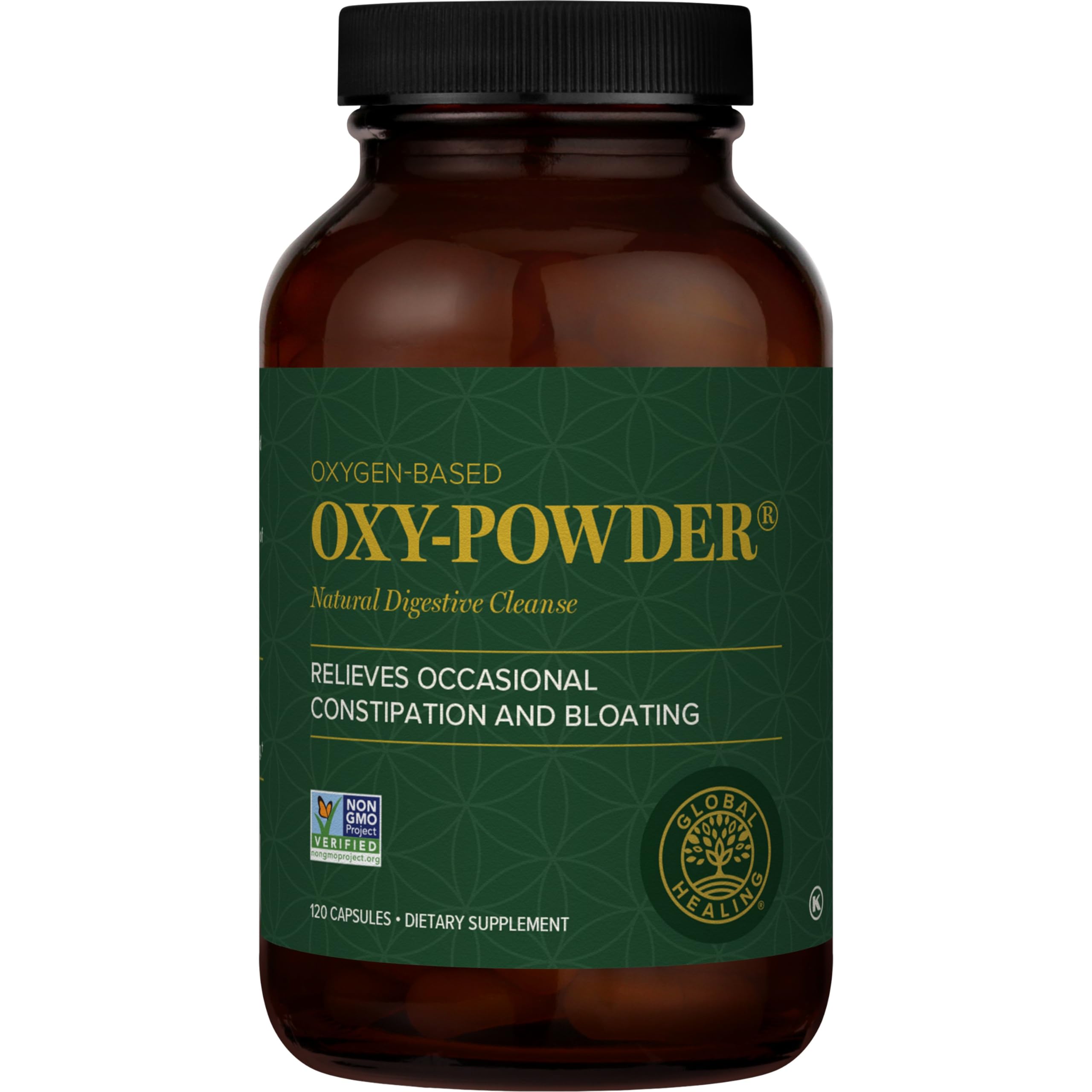 Global Healing Center envase frontal mostrando Oxy-Powder, ayuda limpieza intestinal