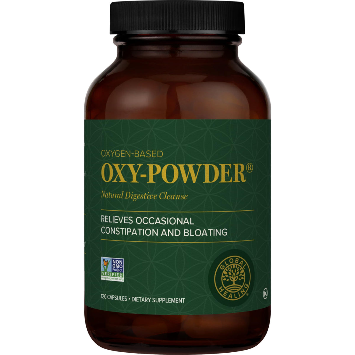 Global Healing Center envase frontal mostrando Oxy-Powder, ayuda limpieza intestinal