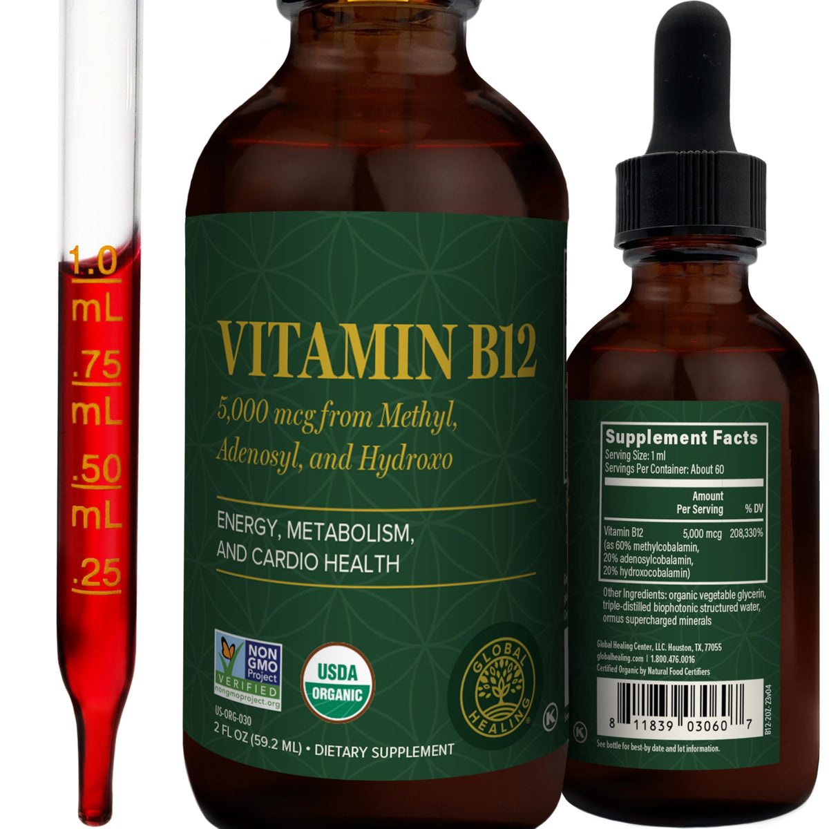 Global Healing Center botella frontal de vitamina B12 5000 mcg mostrando envase y marca