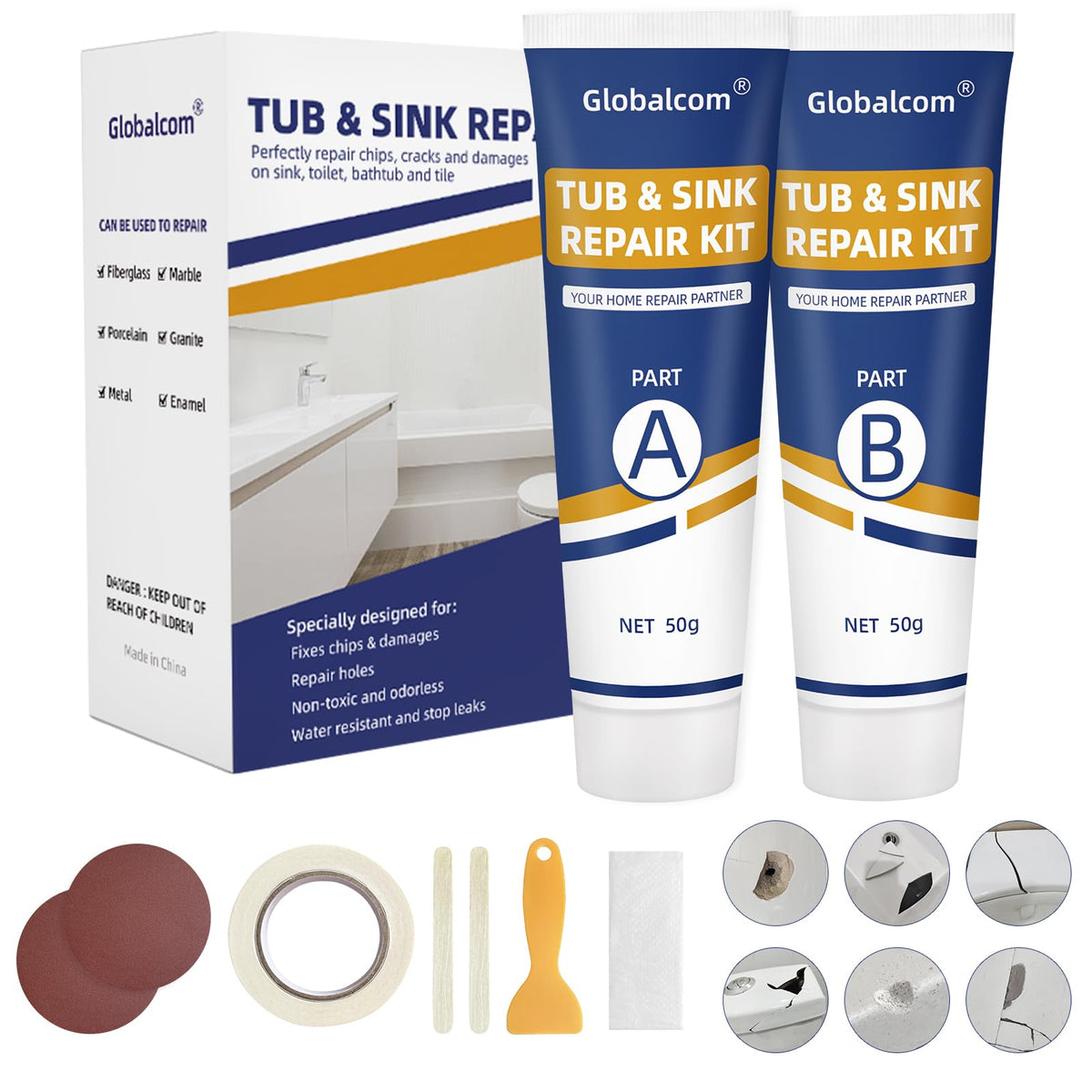 Globalcom kit frontal con componentes A y B mostrando contenido y beneficio restaurador