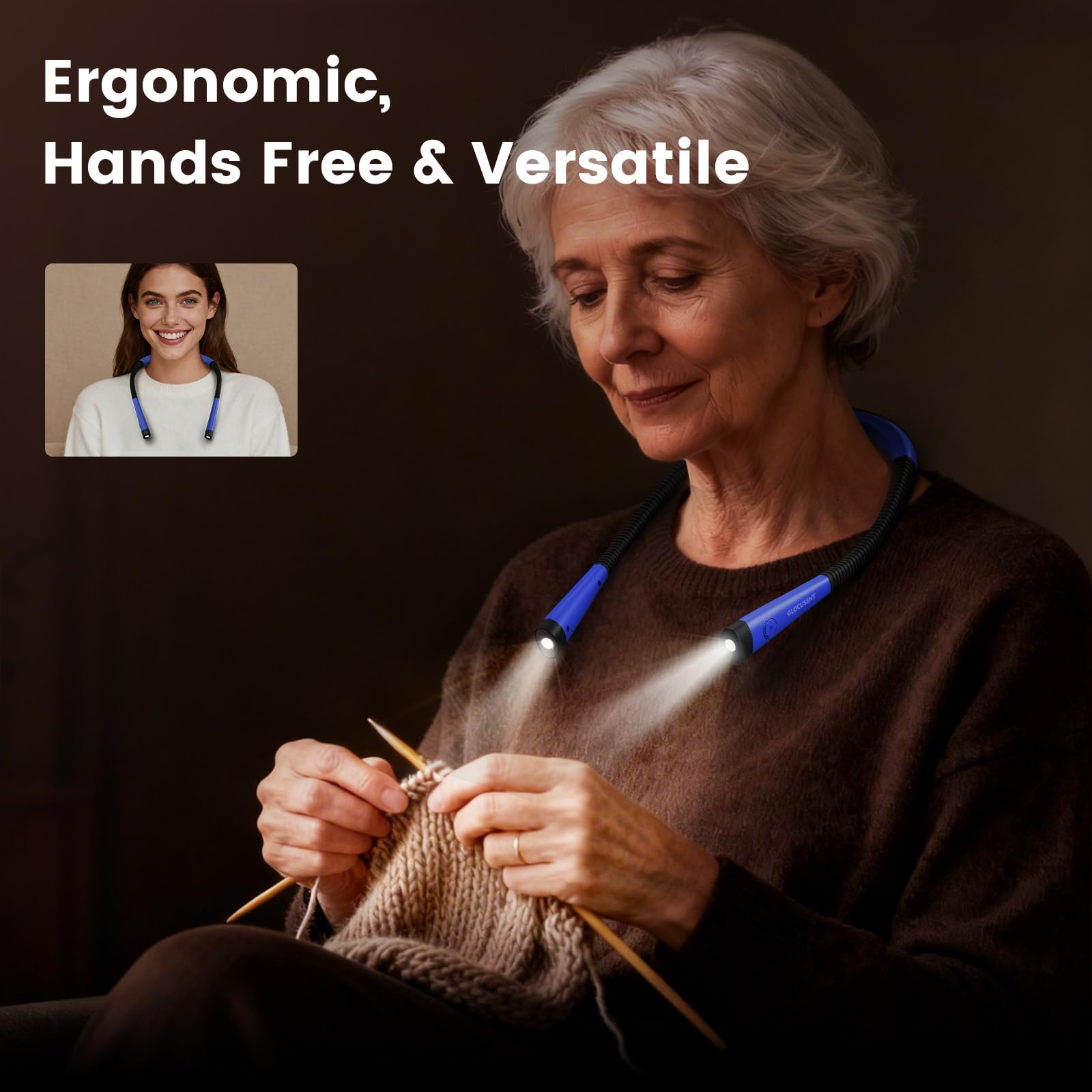 Glocusent worn by a reader in bed, hands‑free lighting that avoids disturbing partner