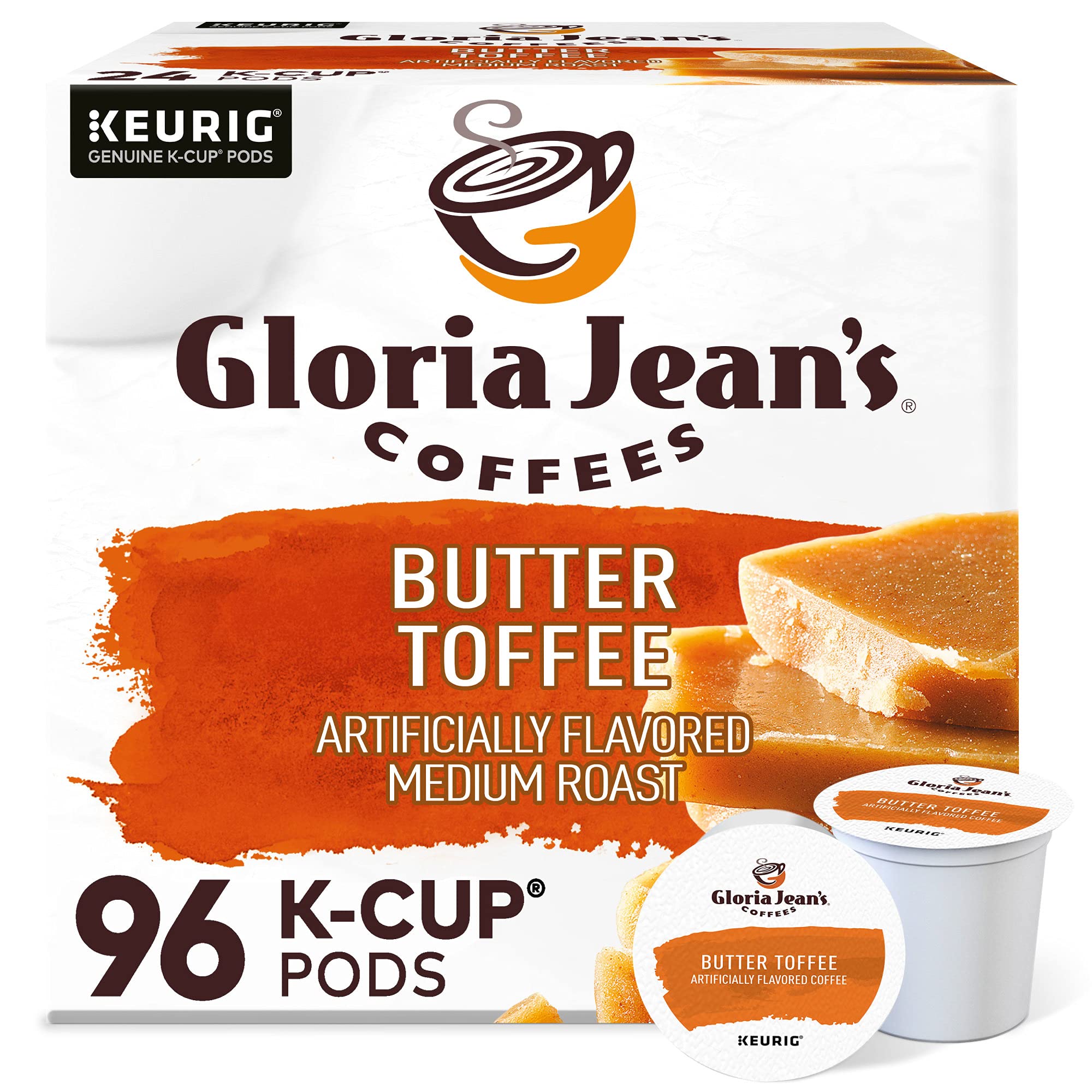 Gloria Jean's paquete frontal mostrando 96 cápsulas y beneficio de conveniencia