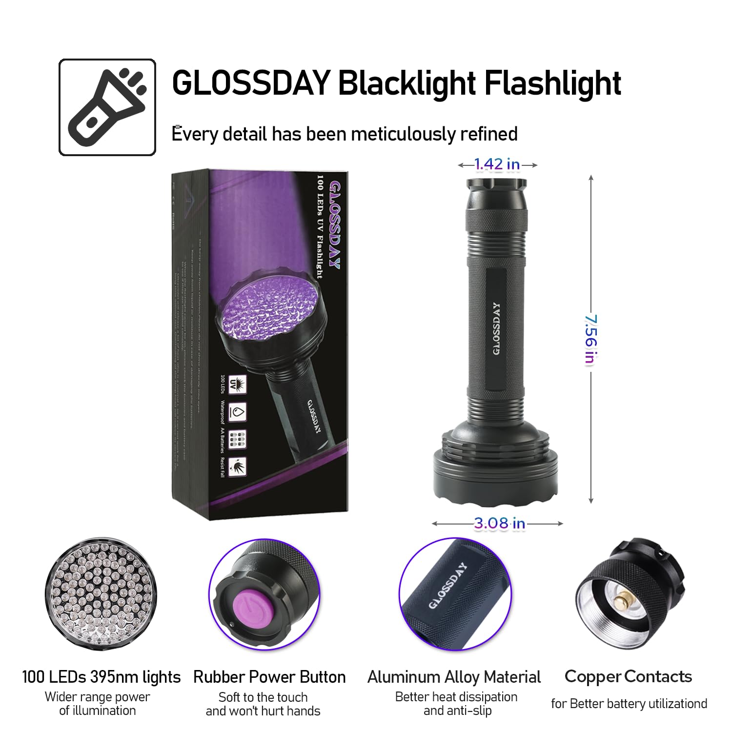 GLOSSDAY linterna UV iluminando un colchón para detectar manchas de mascota