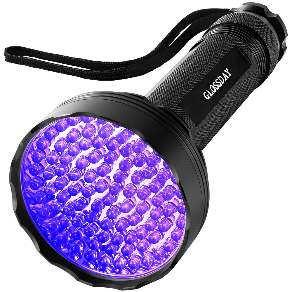 GLOSSDAY linterna UV vista frontal mostrando 100 LED, mayor visibilidad