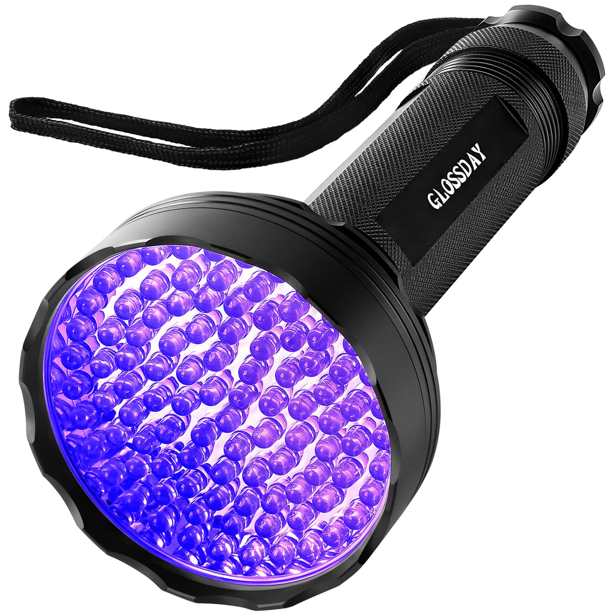 GLOSSDAY linterna UV vista frontal mostrando 100 LED, mayor visibilidad