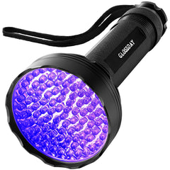 GLOSSDAY linterna UV vista frontal mostrando 100 LED, mayor visibilidad