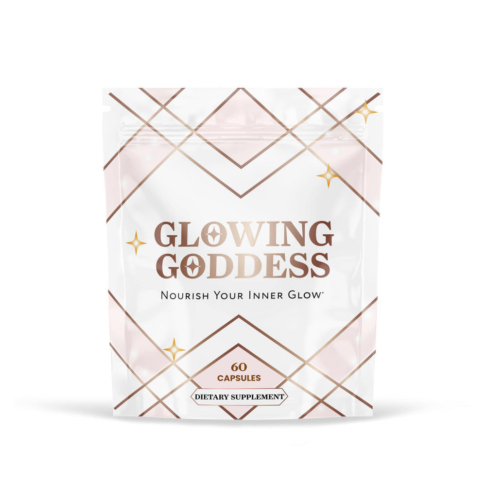 Glowing Goddess envase frontal mostrando la marca y beneficios