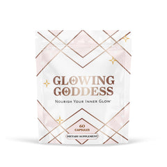 Glowing Goddess envase frontal mostrando la marca y beneficios