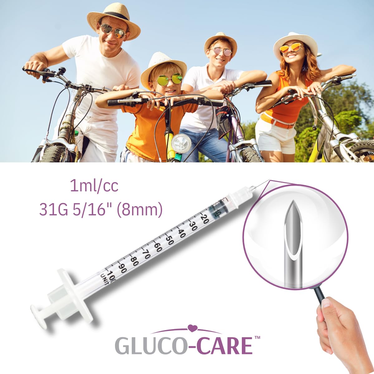 GLUCO-CARE aguja con tapa naranja protegiendo el punto y facilitando identificación
