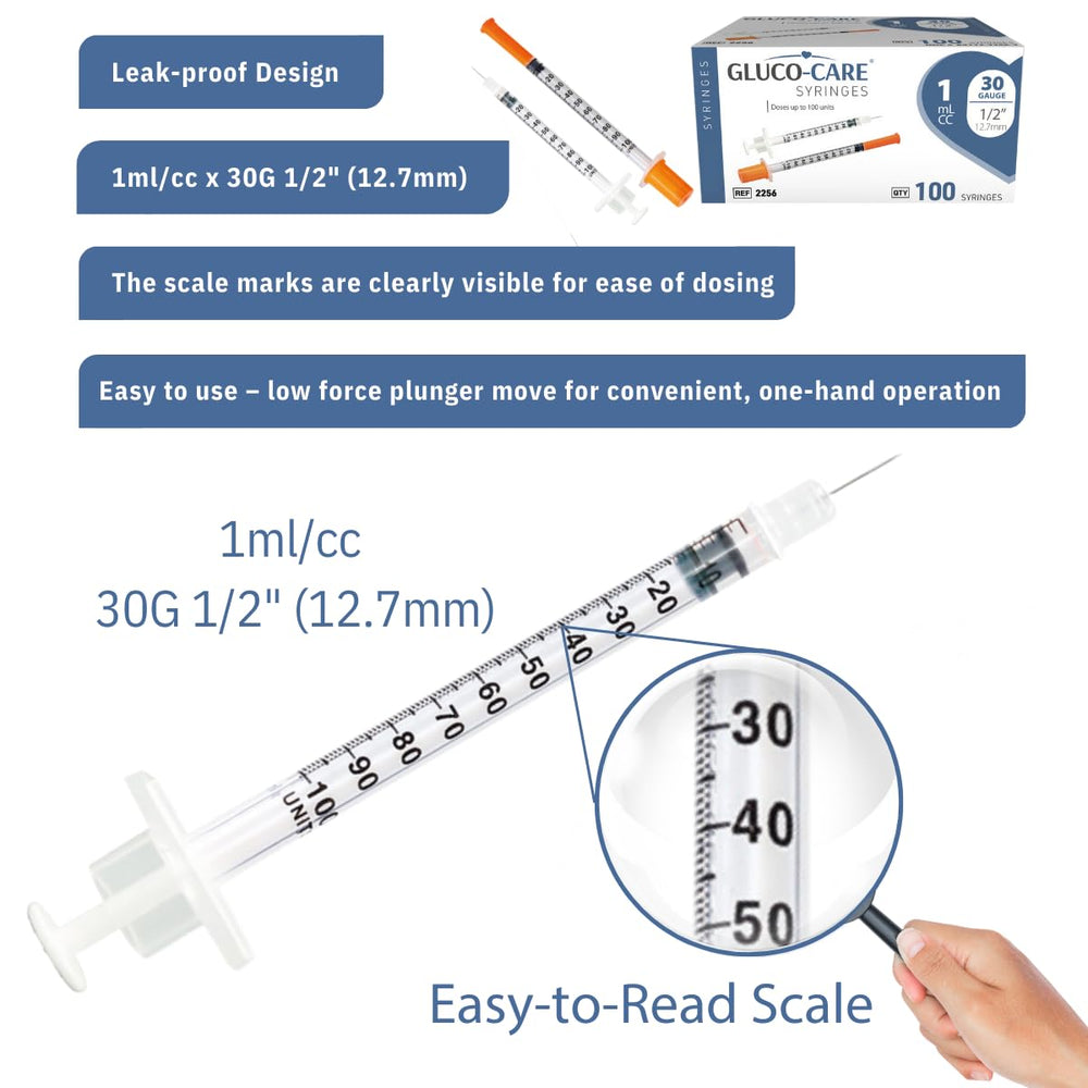 GLUCO-CARE jeringa junto a regla para comparar tamaño compacto de 1 ml
