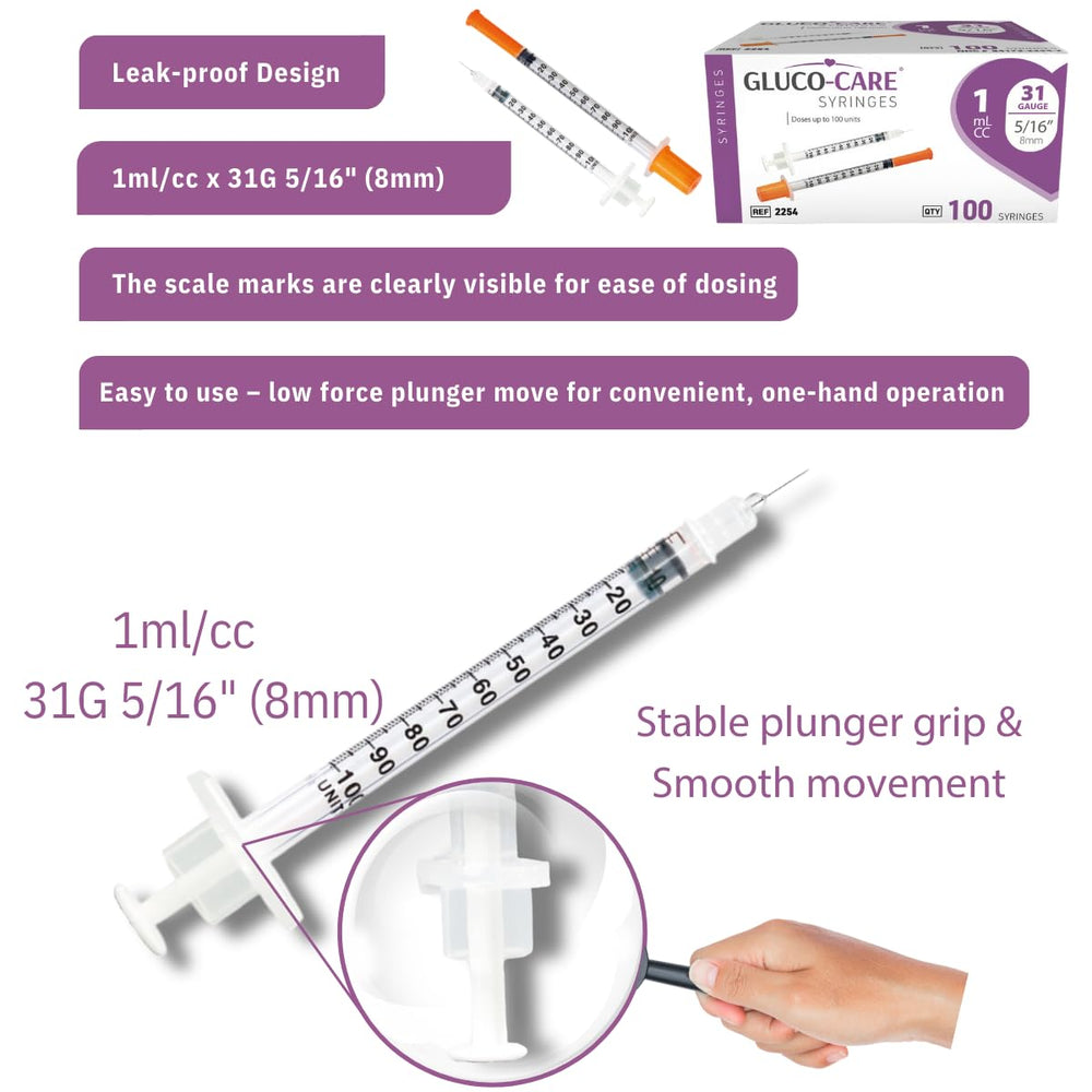 GLUCO-CARE jeringa junto a regla para comparar la longitud real de 8 mm