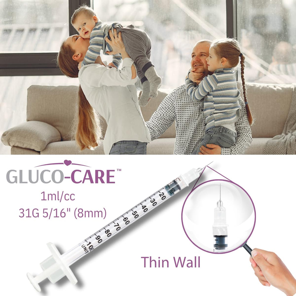 GLUCO-CARE jeringa en uso en laboratorio, ideal para muestreo preciso