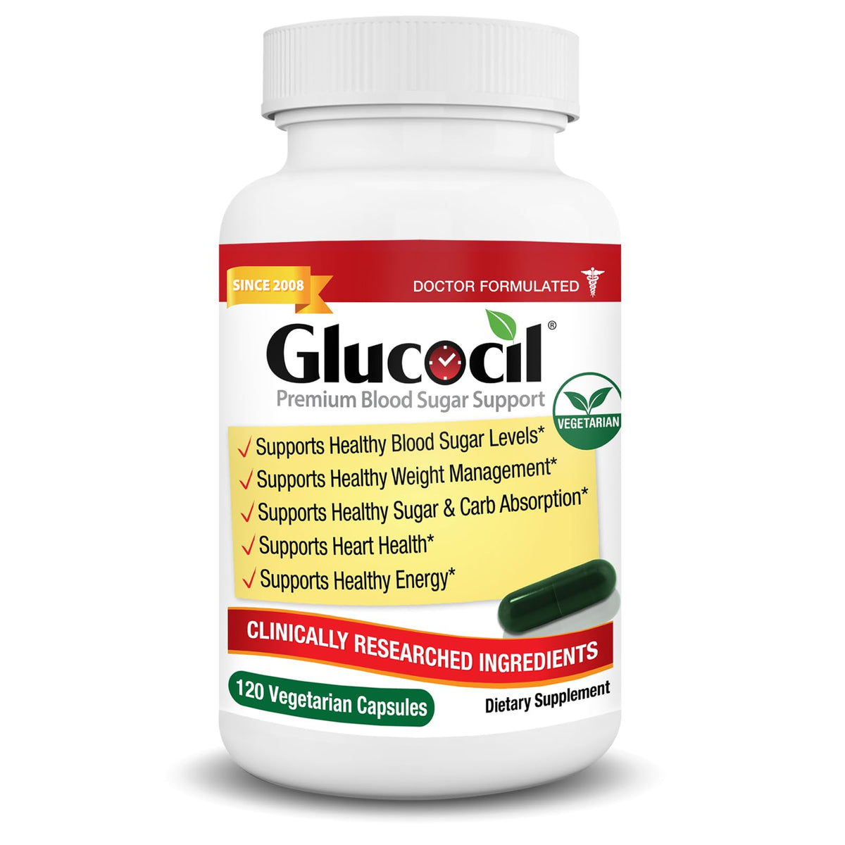 Glucocil frasco frontal mostrando etiqueta clara y beneficios principales