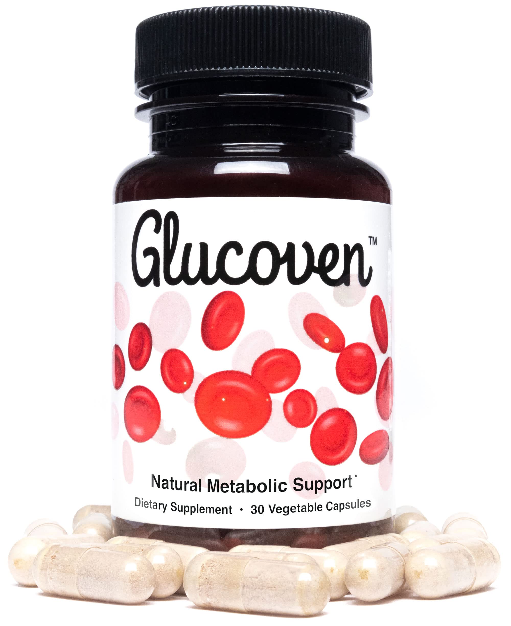 Cápsulas Glucoven desplegadas cerca del frasco mostrando su presentación vegetal