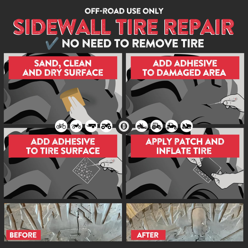 GLUETREAD parche aplicado en pared lateral de neumático 4x4 para emergencia
