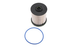 GM Genuine Parts fuel filter front view showing label and inlet for accurate replacement