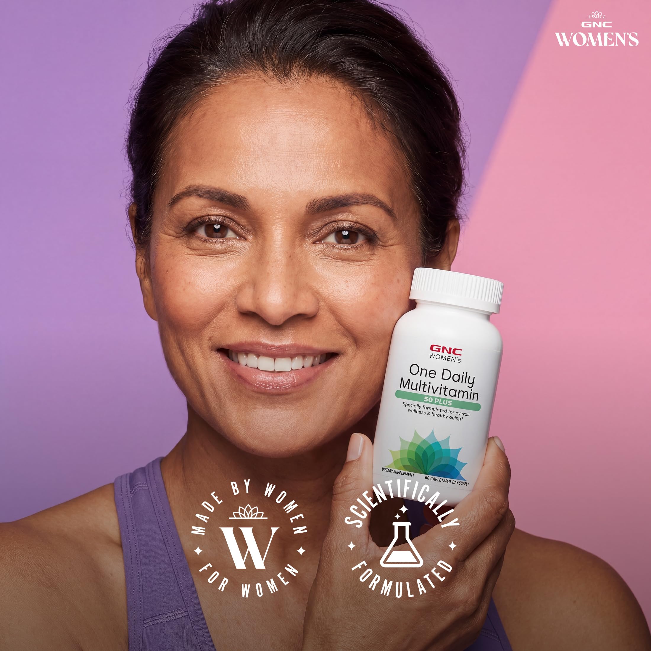 GNC envase junto a frutas y agua para destacar uso en estilo de vida saludable