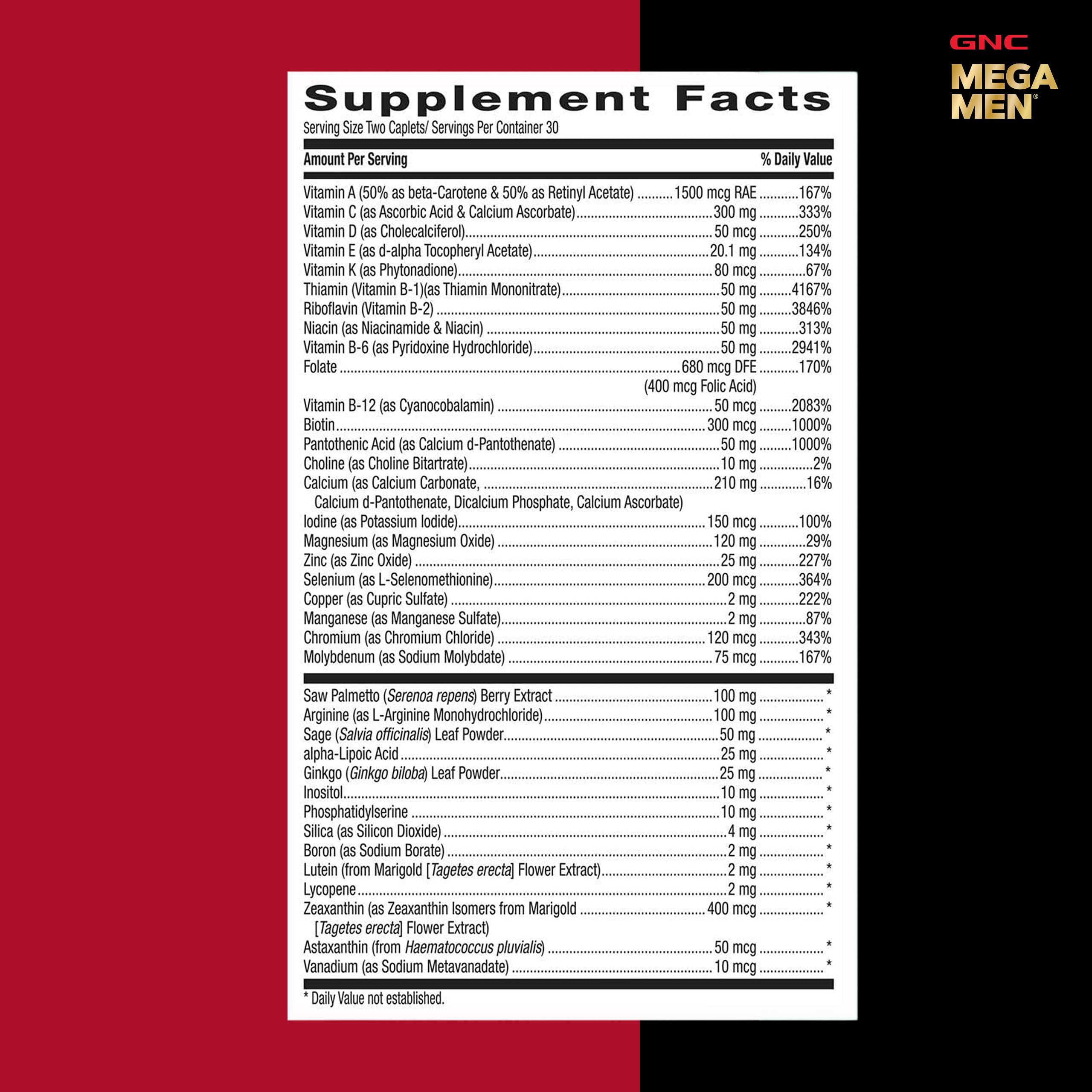 GNC Mega Men 50 Plus ingredientes clave lycopene y saw palmetto representados