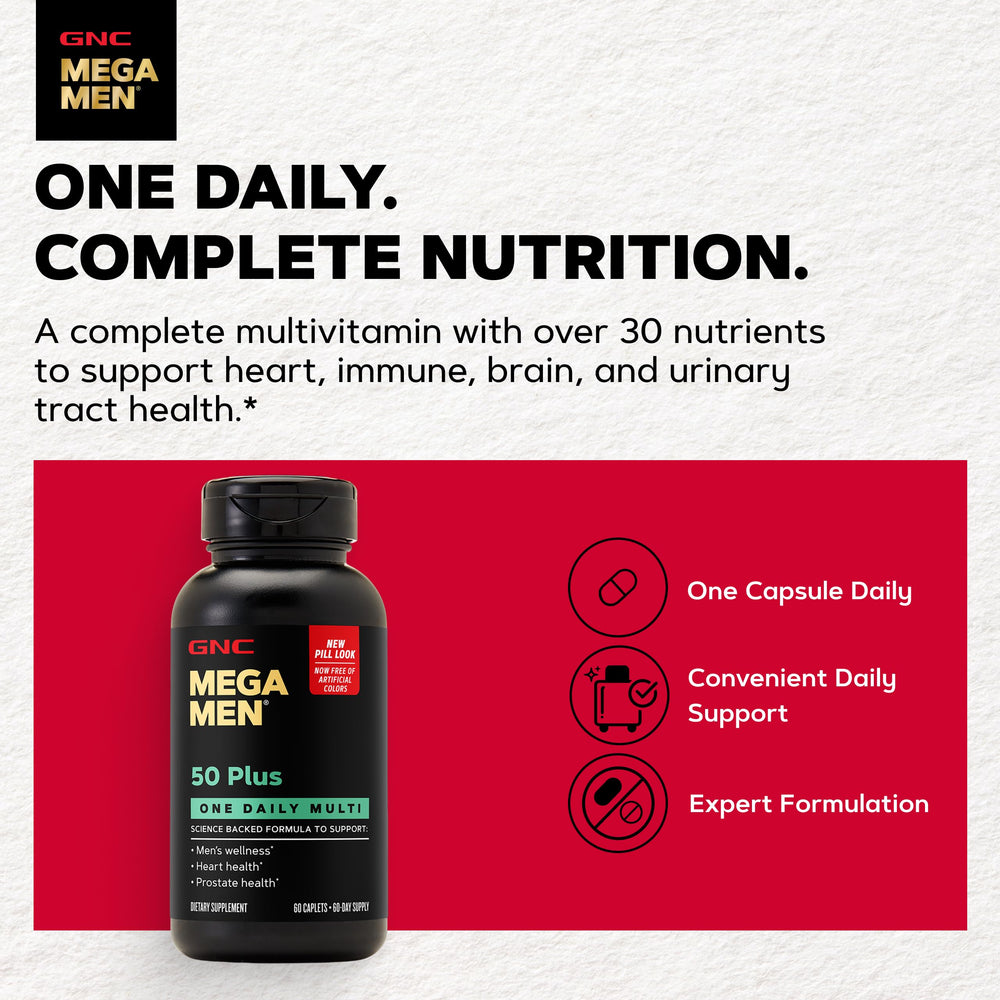 GNC etiqueta de Mega Men 50 Plus resaltando información nutricional y beneficios clave