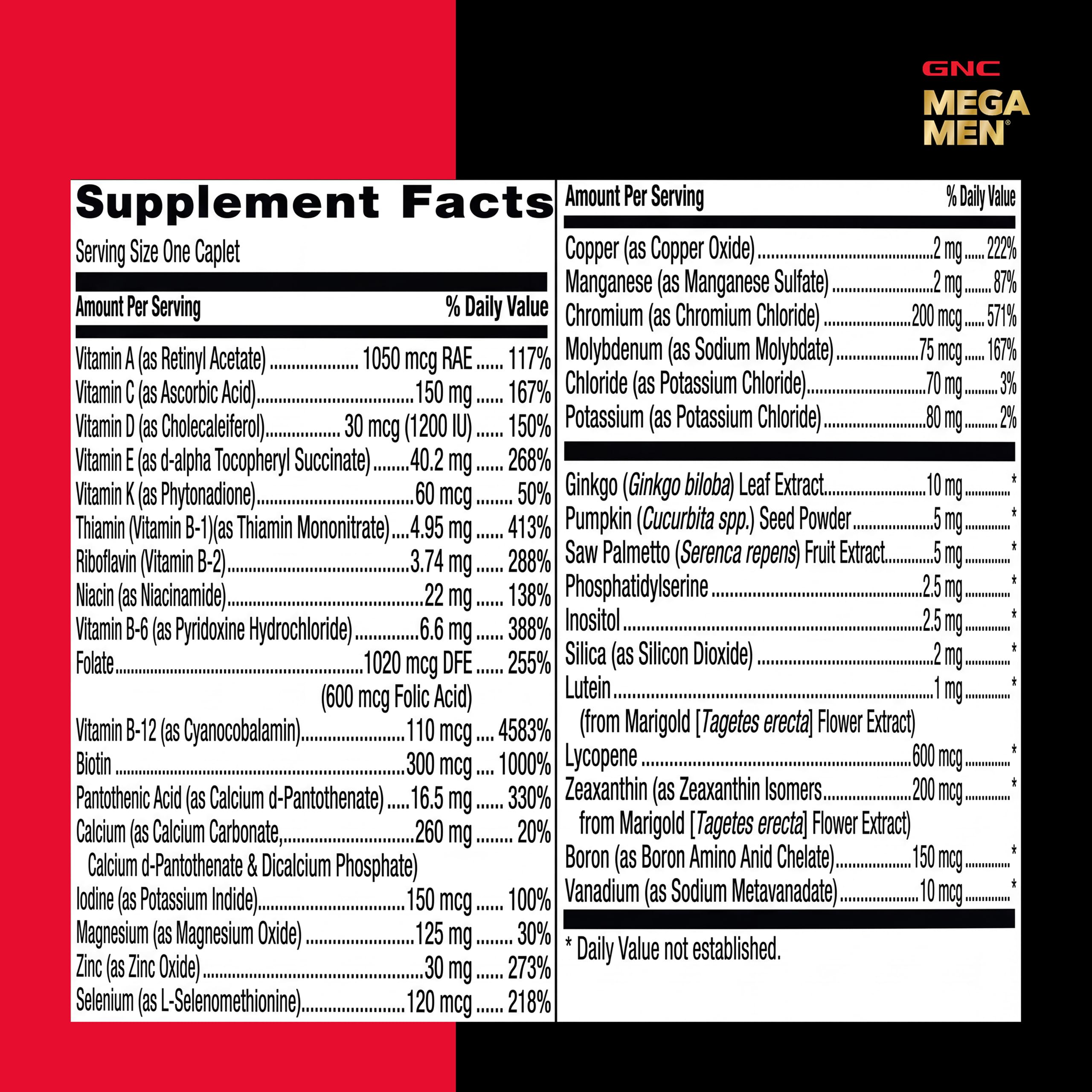 GNC detalle de ingredientes en etiqueta de Mega Men 50 Plus subrayando calidad de fórmula