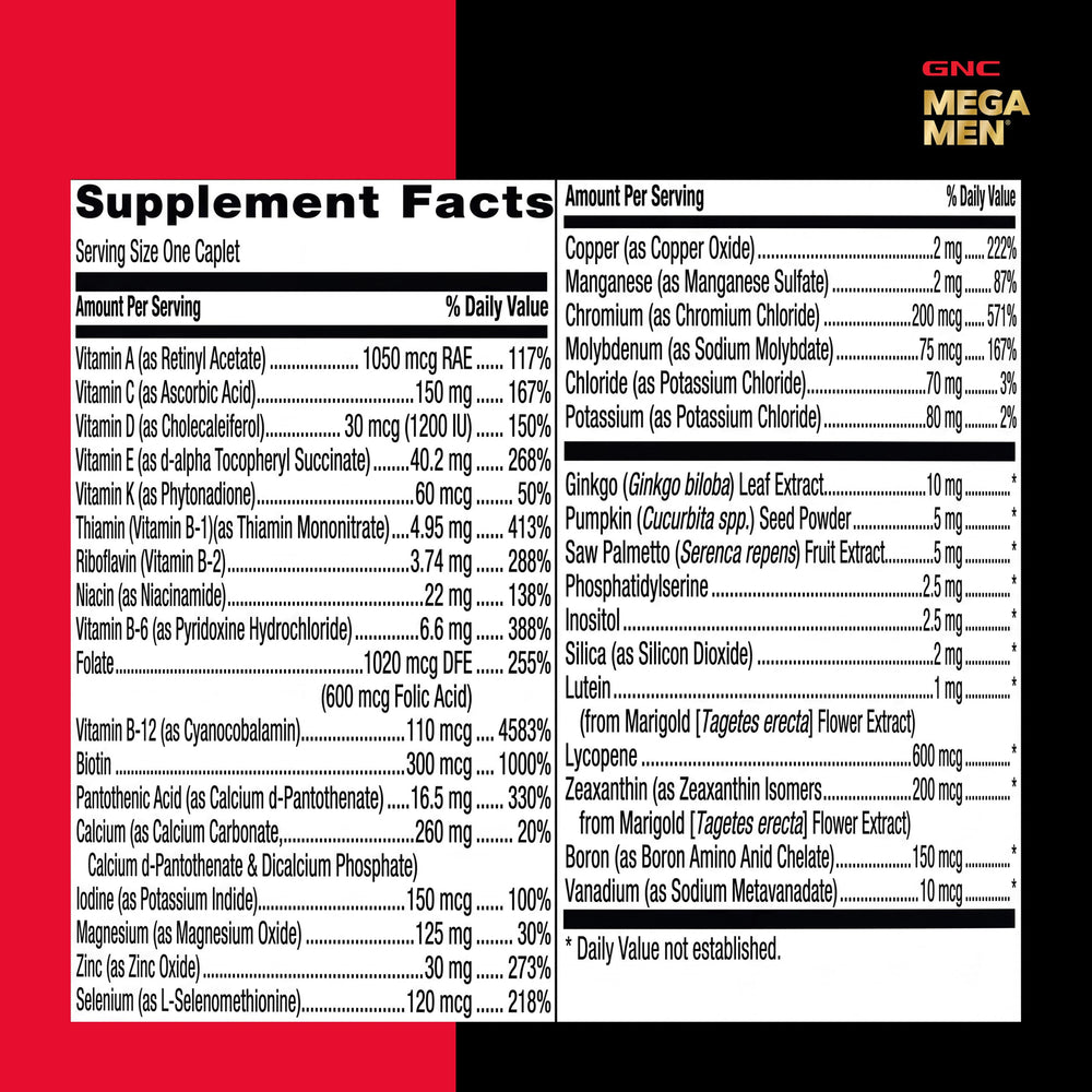 GNC detalle de ingredientes en etiqueta de Mega Men 50 Plus subrayando calidad de fórmula