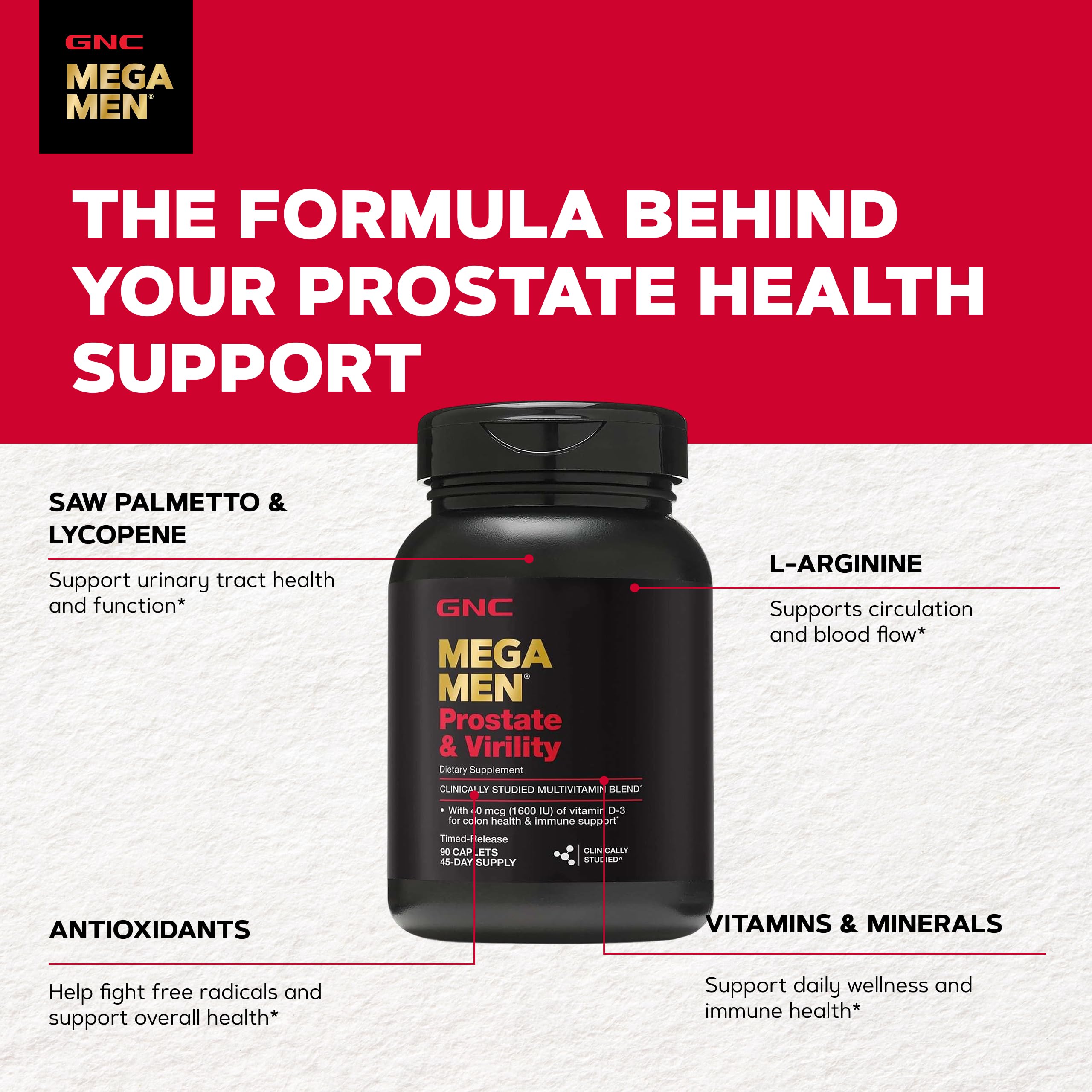 GNC Mega Men Prostate & Virility comparación de escala junto a objetos cotidianos