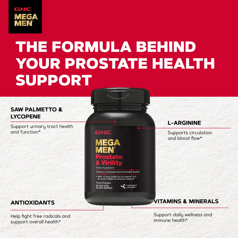GNC Mega Men Prostate & Virility comparación de escala junto a objetos cotidianos