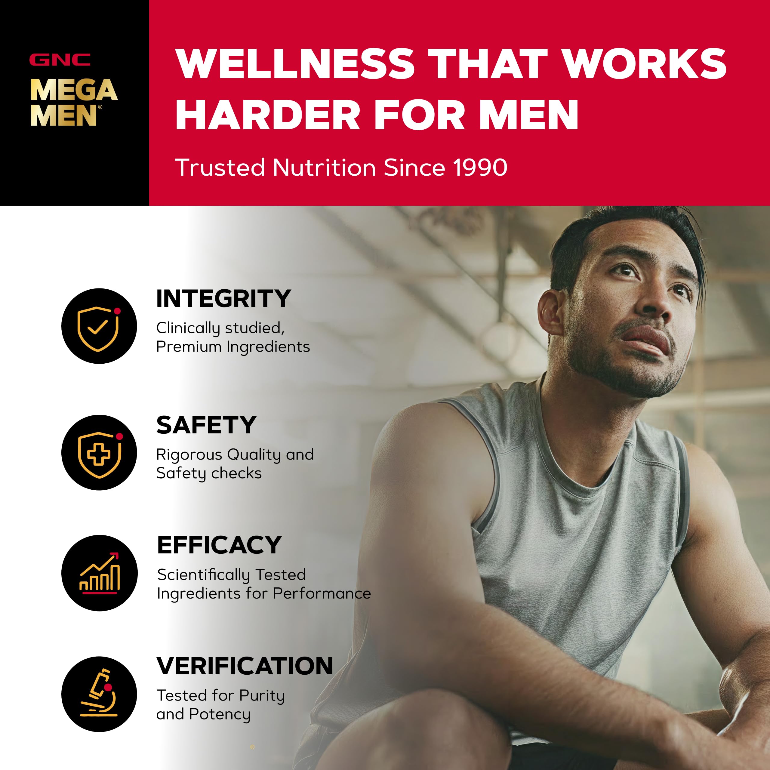 Frasco de GNC Mega Men Sport en mesa de desayuno mostrando integración diaria