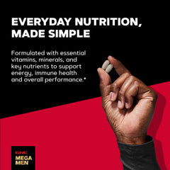 Hombre en gimnasio tomando GNC Mega Men Sport antes del entrenamiento para energía