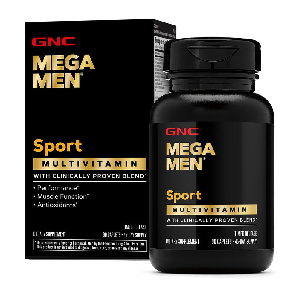 GNC Mega Men Sport frontal del envase mostrando diseño y conteo de 90 cápsulas