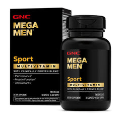 GNC Mega Men Sport frontal del envase mostrando diseño y conteo de 90 cápsulas