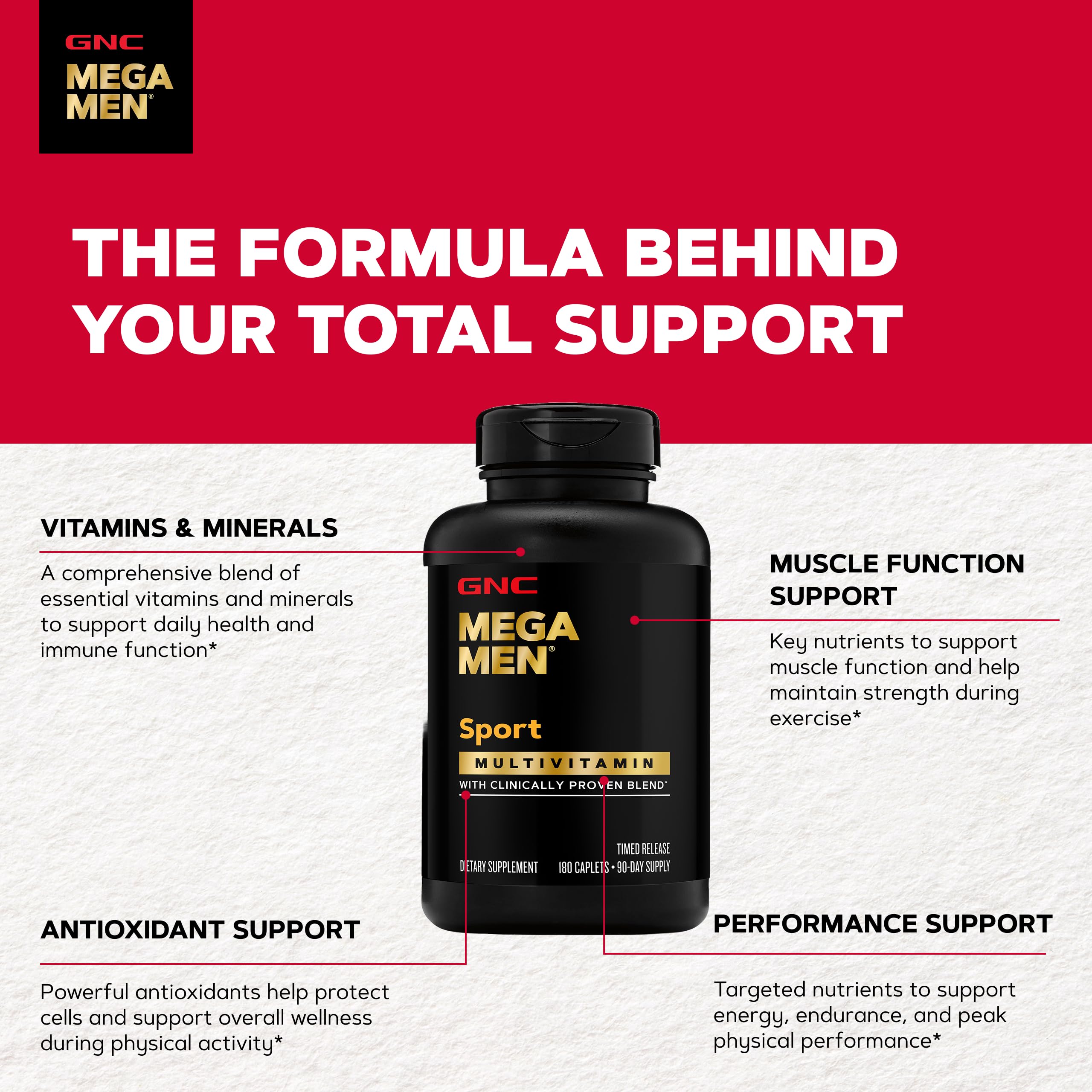 Frasco de GNC Mega Men Sport junto a una regla para comparar tamaño