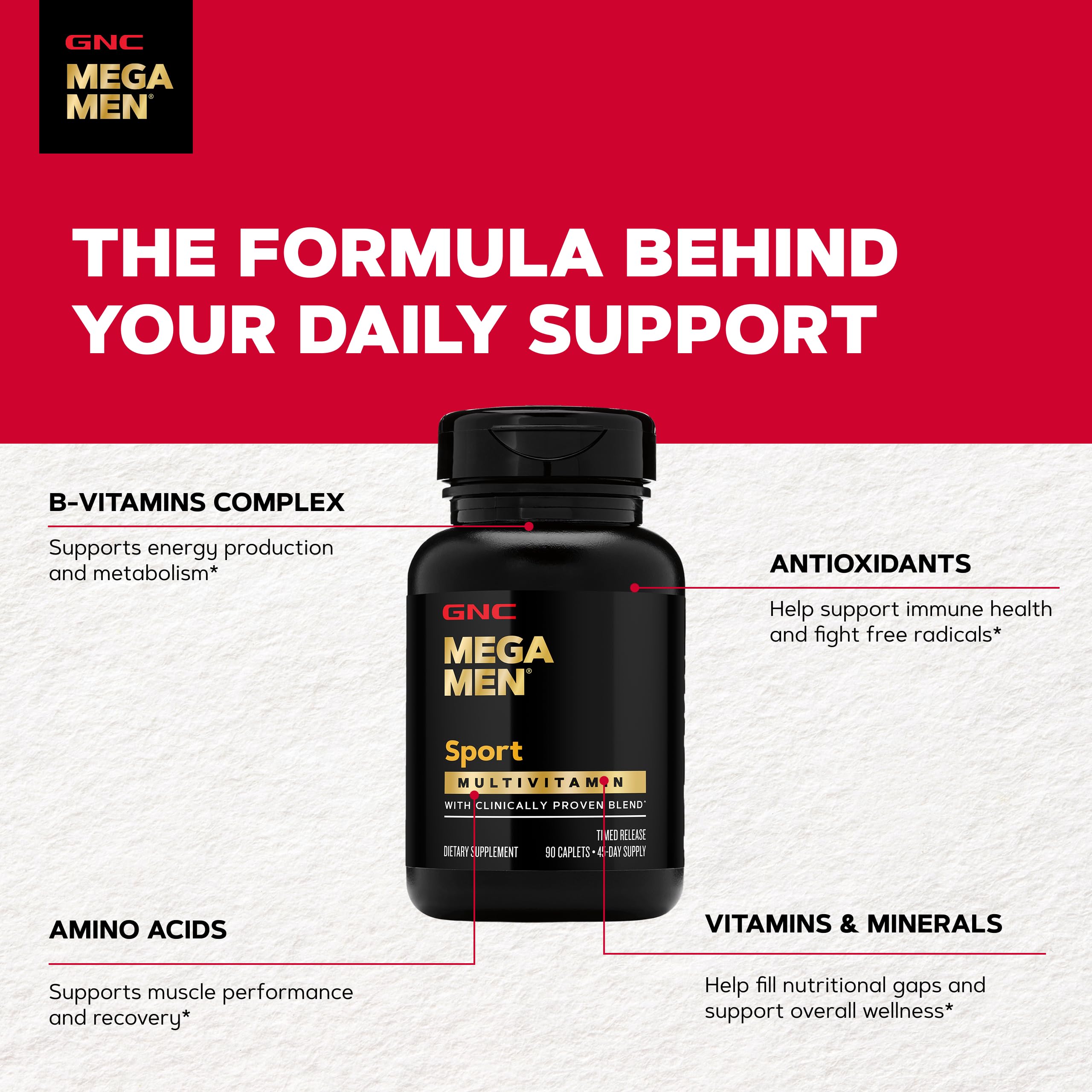Botella de GNC Mega Men Sport junto a una regla para comparar tamaño y cantidad