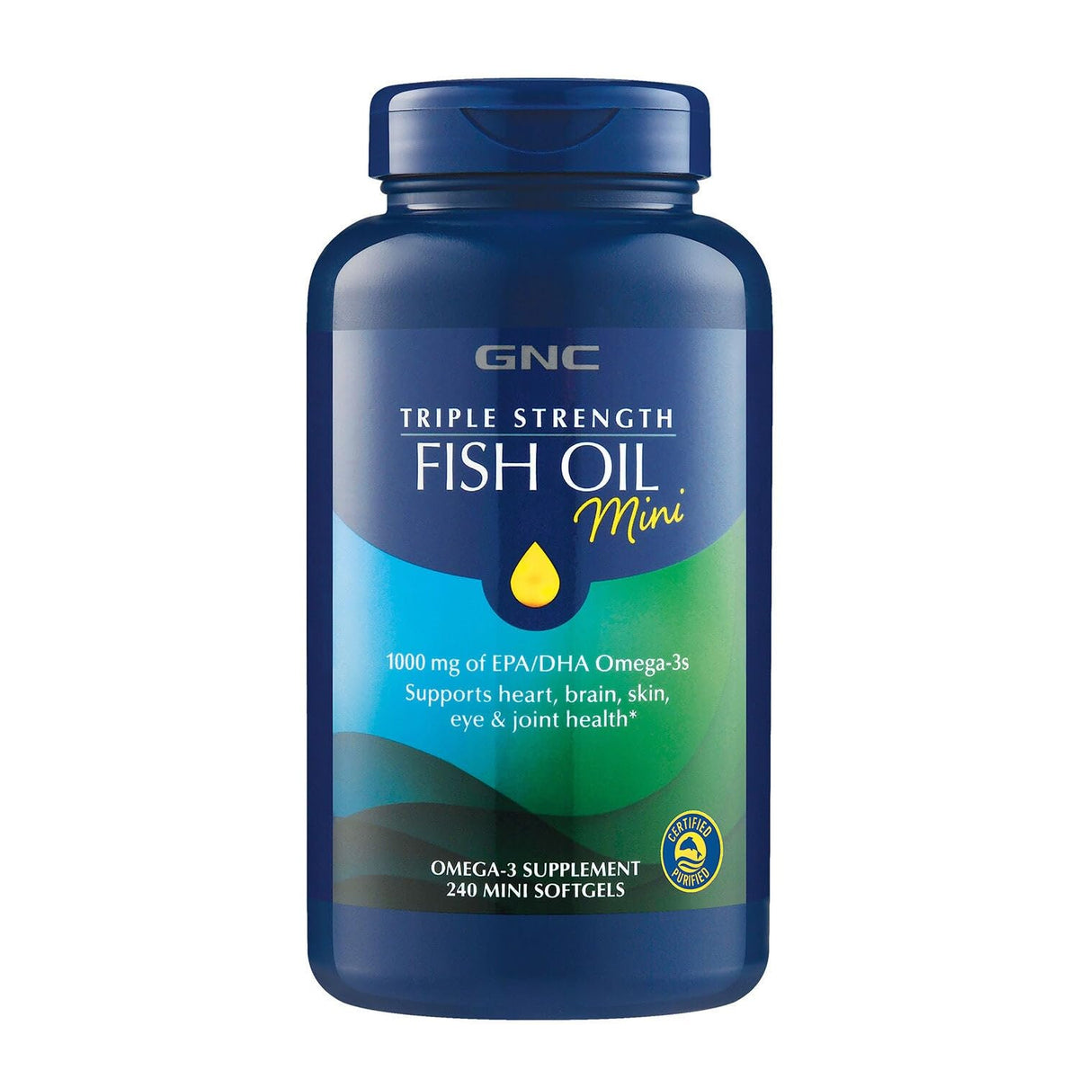 GNC botella frontal mostrando 240 mini cápsulas y beneficios omega‑3