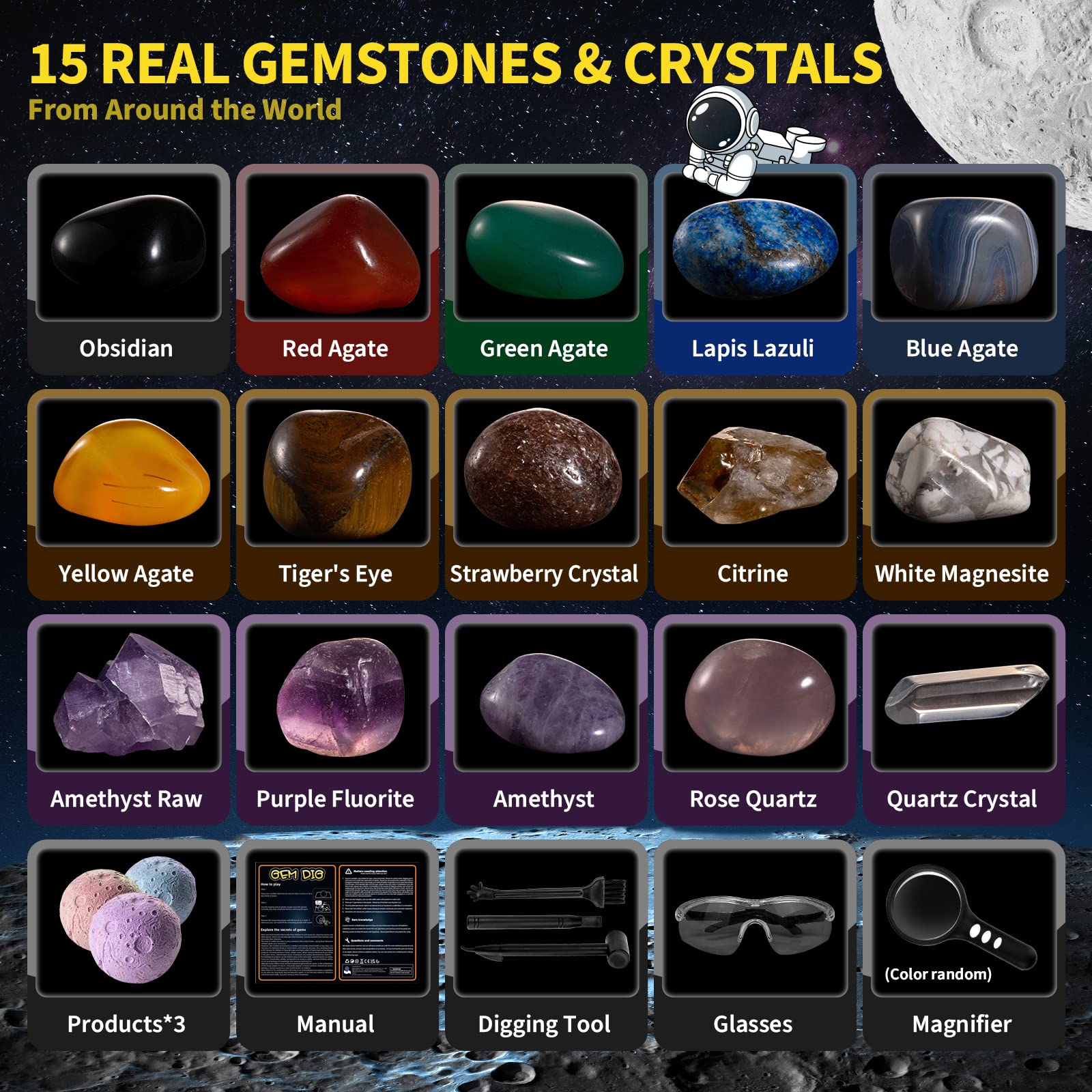 GobiDex colección de 15 gemas sobre mesa para identificar y clasificar fácilmente