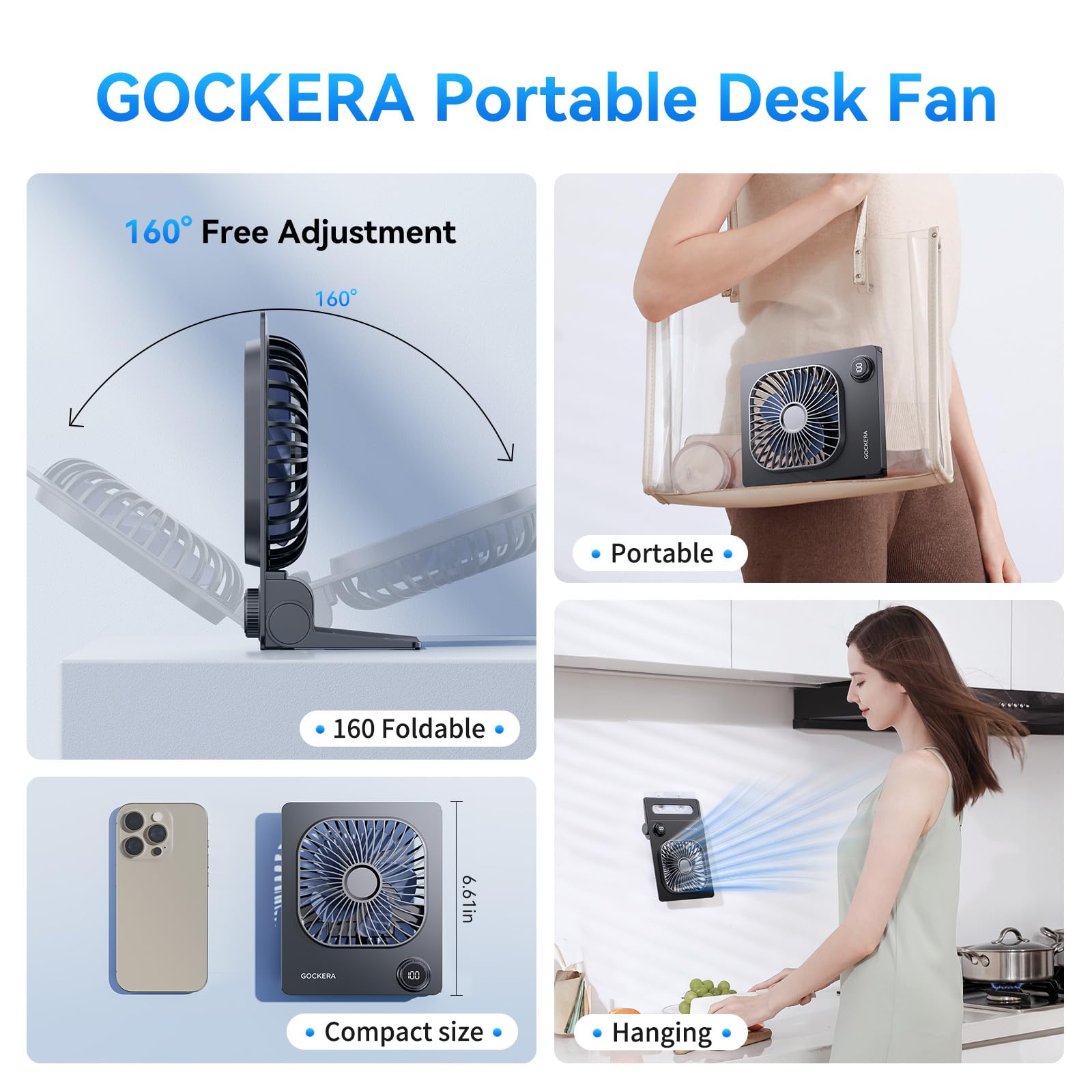 GOCKERA comparado con mano y bolso mostrando portabilidad y ligereza