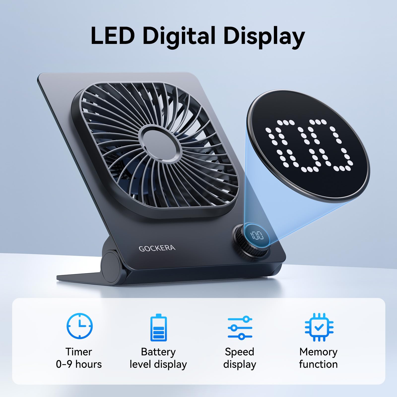 GOCKERA ventilador plegado 180° mostrando ajuste de ángulo práctico