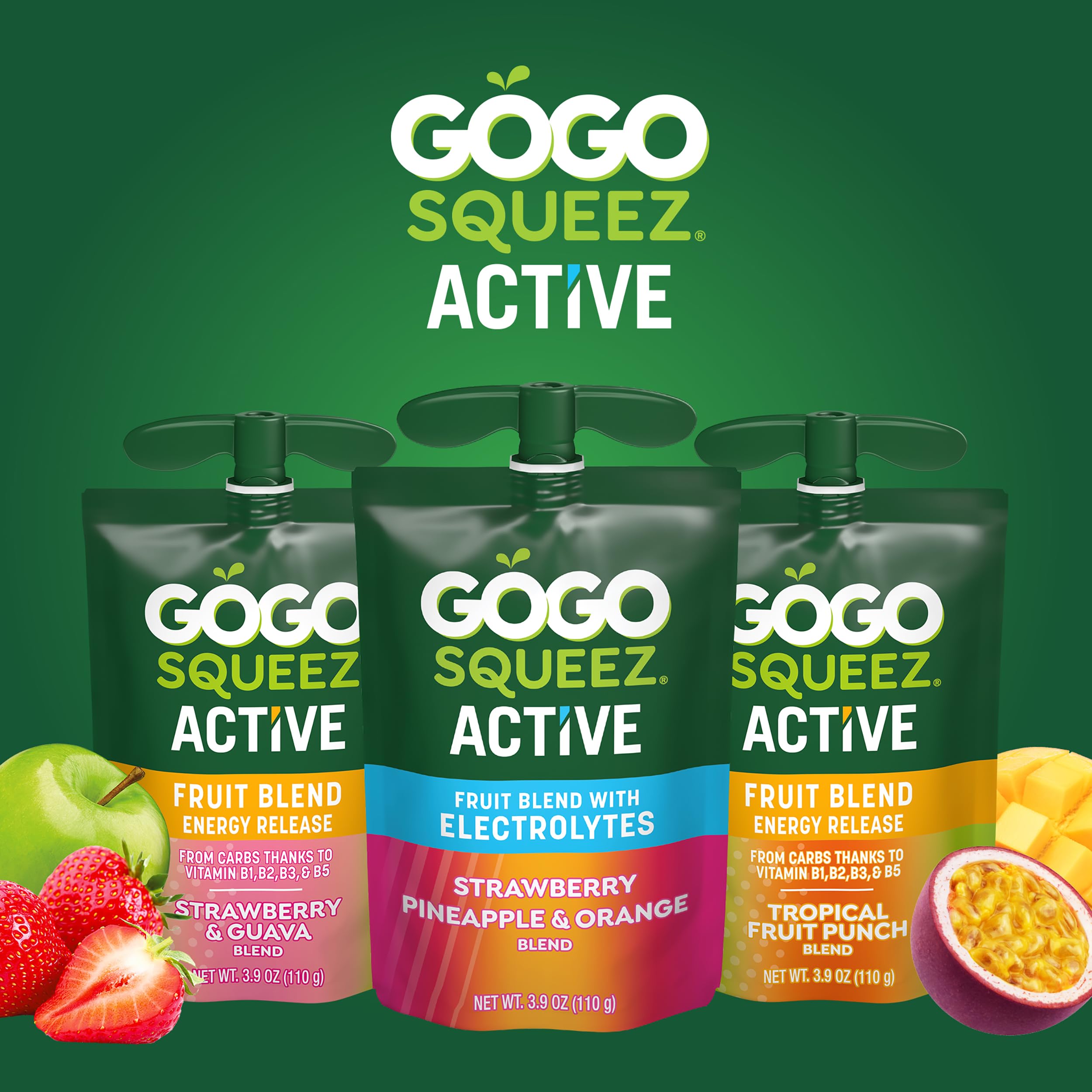 GoGo SqueeZ disposición de sabores Tropical Fruit Punch y Strawberry & Guava