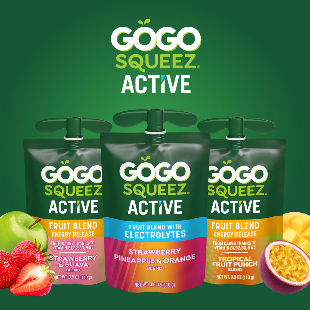 GoGo SqueeZ disposición de sabores Tropical Fruit Punch y Strawberry & Guava
