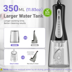 GOLDANT depósito 350 ml mostrando capacidad para sesiones prolongadas
