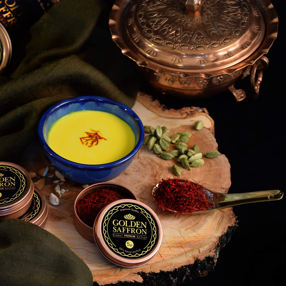 Golden Saffron etiqueta con certificados ISO y Non-GMO visibles