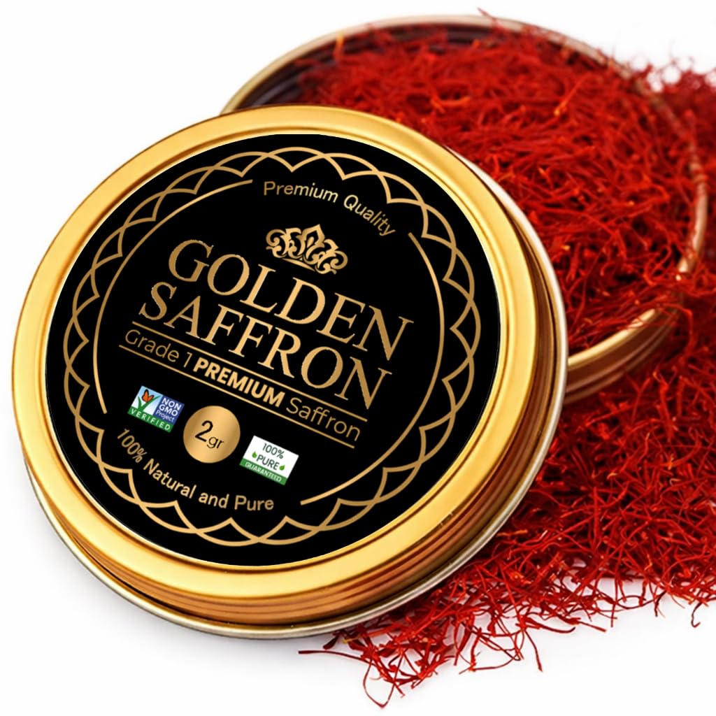 Golden Saffron lata frontal mostrando hebras puras y envase sellado