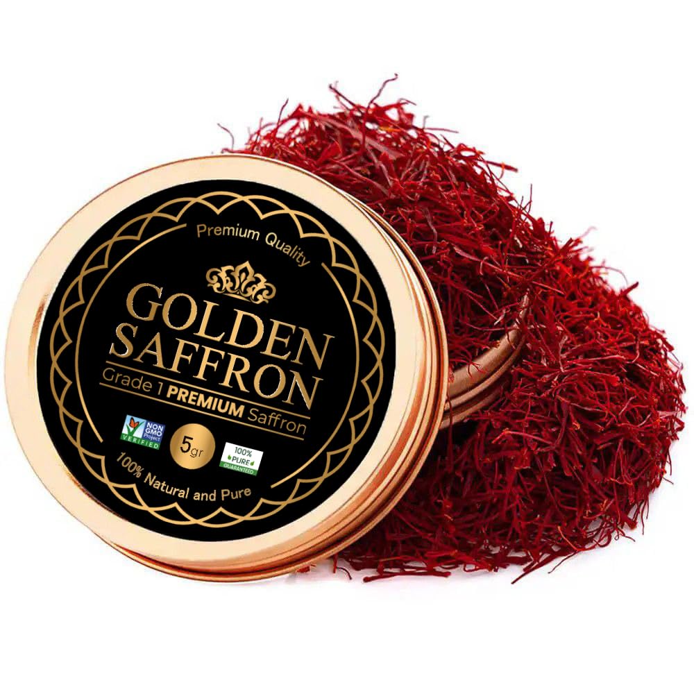 Golden Saffron lata frontal mostrando hebras puras y presentación segura