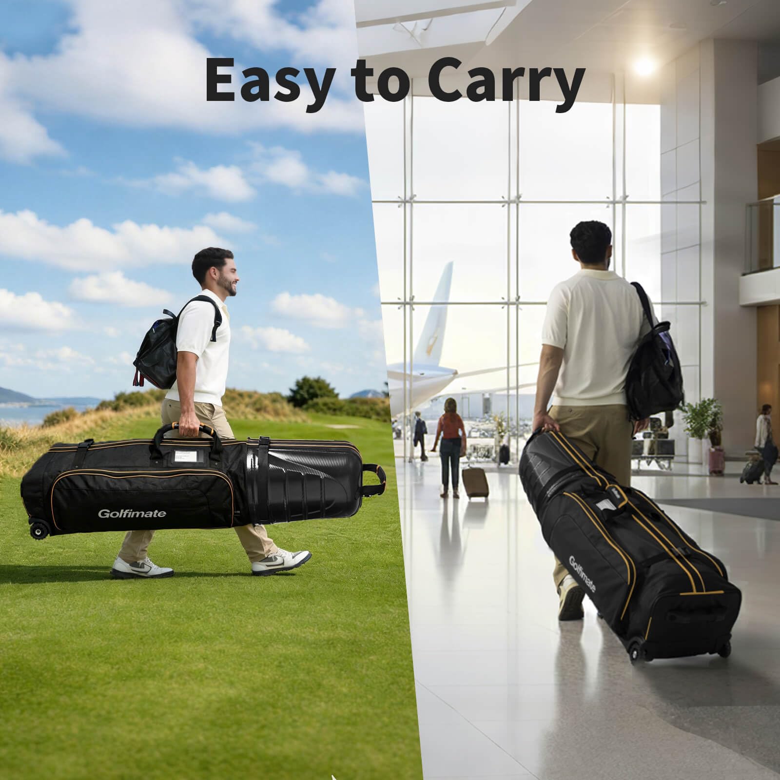Golfimate bolsa en uso en aeropuerto mostrando facilidad de manejo y movilidad