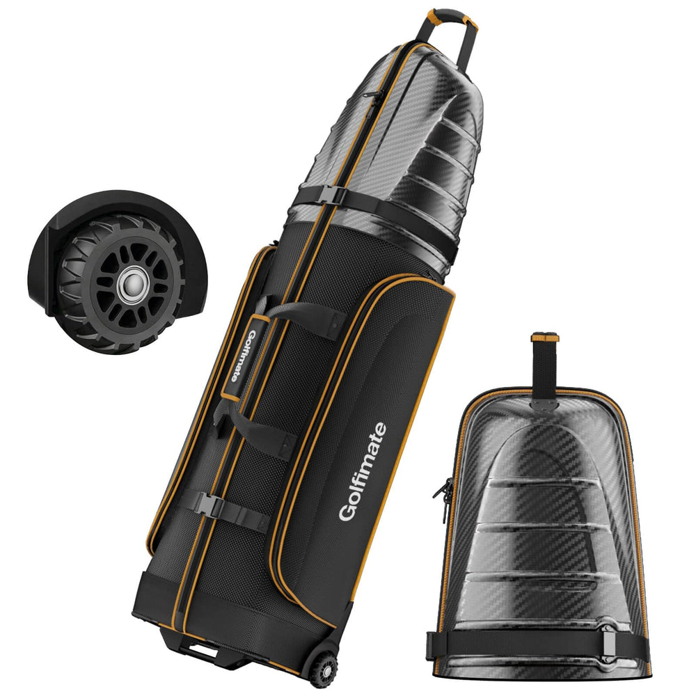 Golfimate vista frontal de la bolsa mostrando diseño y color negro oro, protección segura