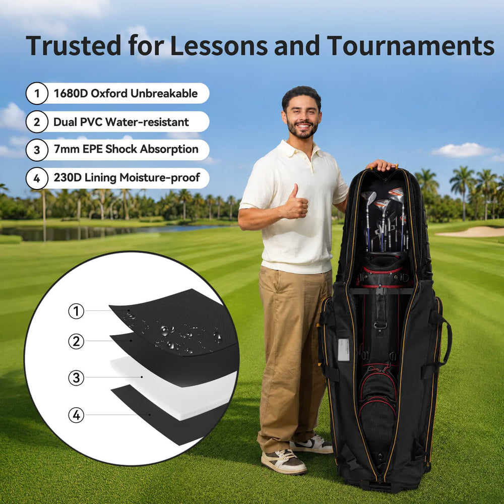 Golfimate interior con correas que aseguran la bolsa y mantienen palos en su lugar