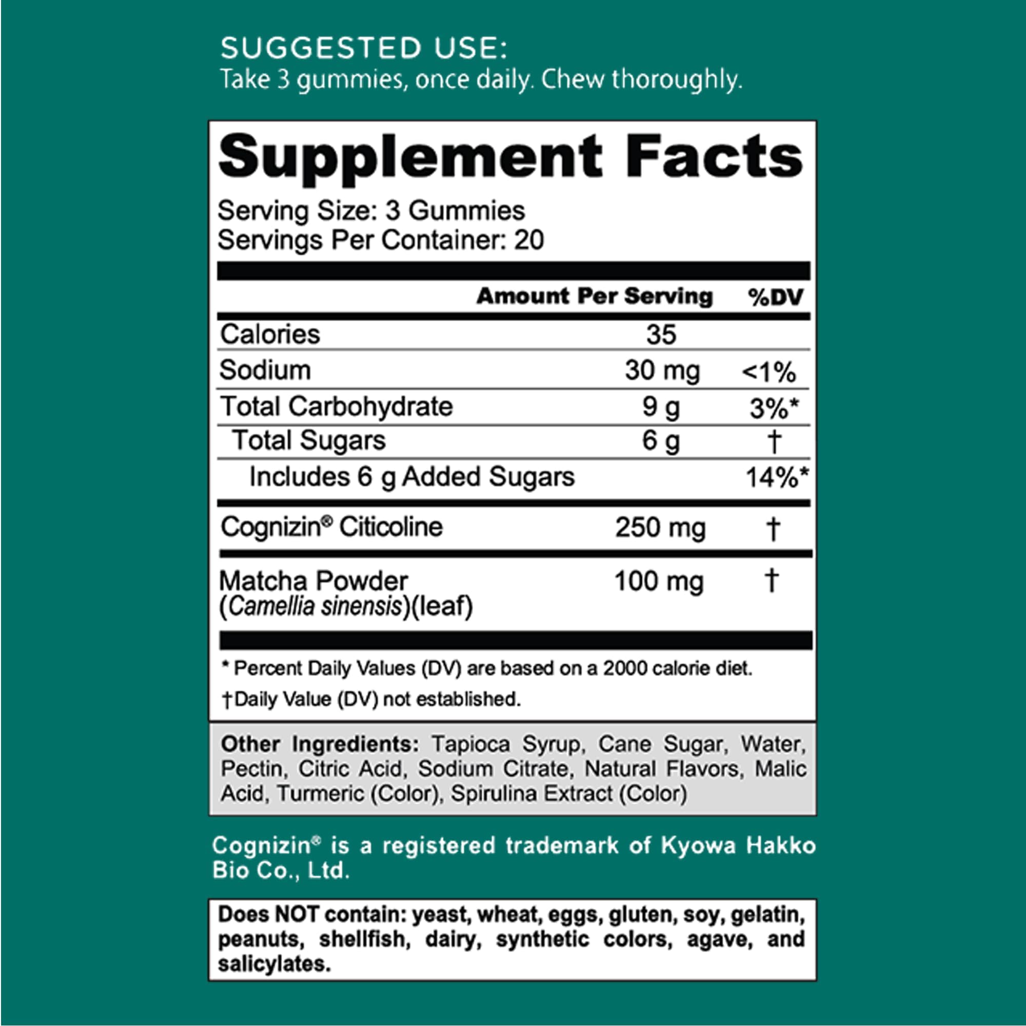 Goli etiqueta nutricional clara mostrando 250 mg Cognizin