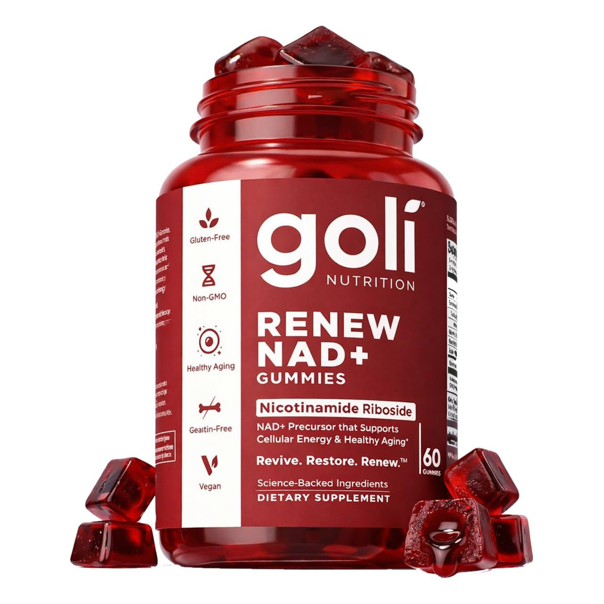Goli Renew NAD+ frontal del envase mostrando 60 gominolas y beneficios