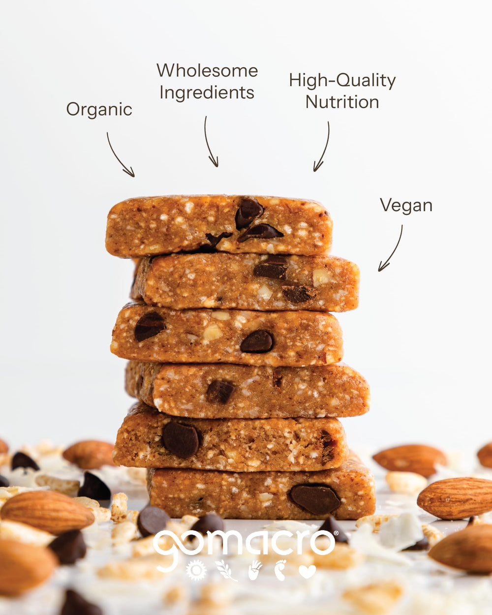 GoMacro chips de chocolate vegano en primer plano, aporte dulce